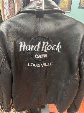 Hard Rock Cafe Black Leather Bomber Jacket with White Embroidered Logo